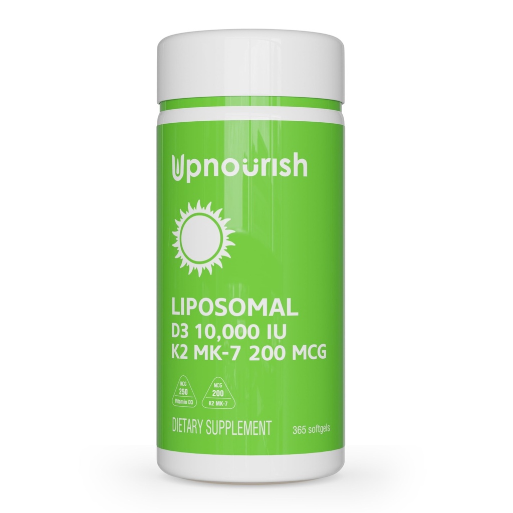 Up Nourish Liposomal D3 K2 维生素 10000 IU D3和K2 MK-7 200 mcg - 365 维生素 D3 k2 (Vitamina D3 con K2) 小软胶 - 容易吞咽 K2 D3 维生素补充剂