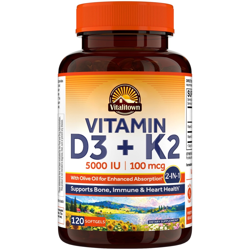 维塔利敦维生素D3 K2 补充剂,D35000 IU,维生素K2 MK-7 100 mcg,Non-GMO,No Gluten & Soy,用于骨骼,牙齿,Immune & Heart Health,120软胶