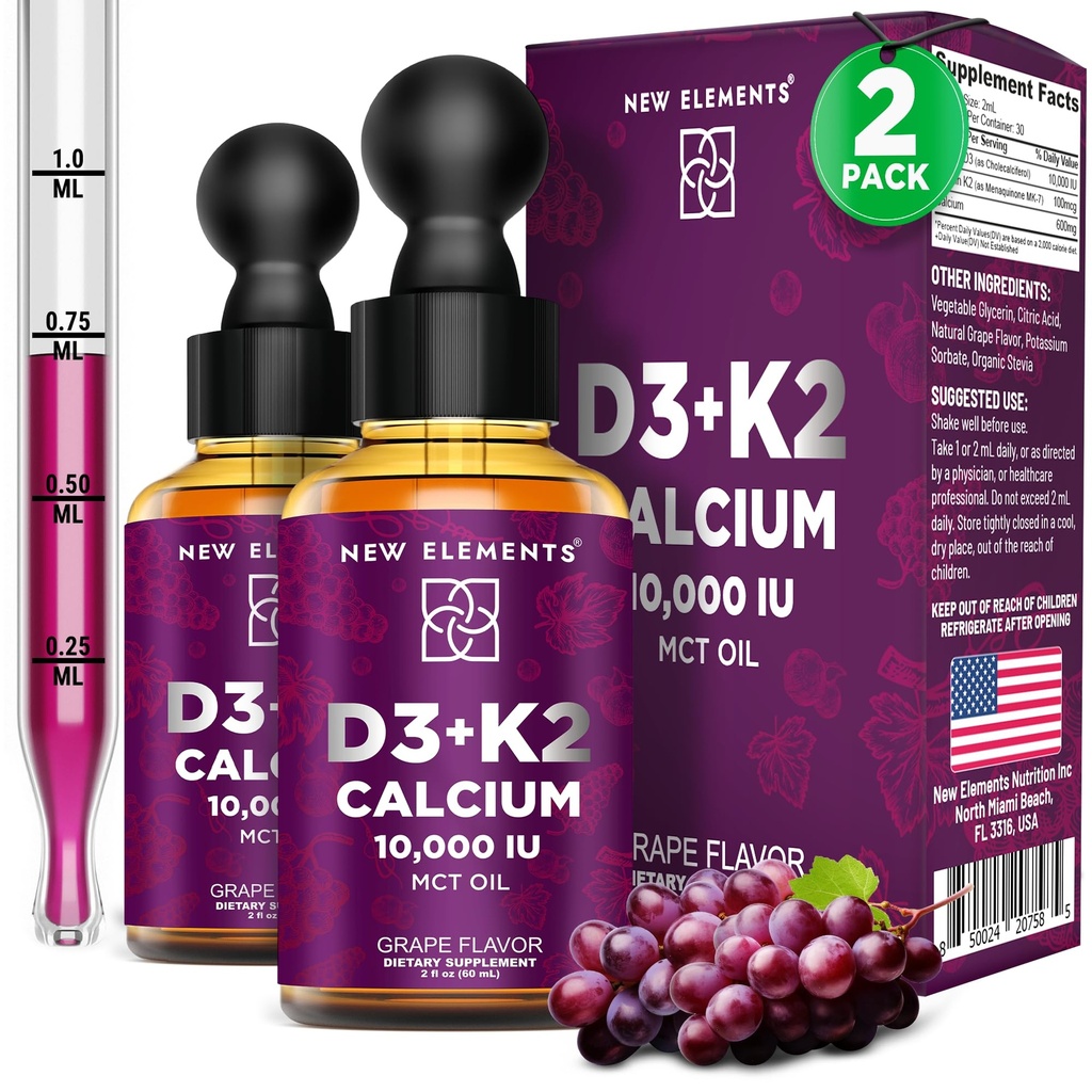 新元素 [2 Pack] 液体维生素 D3 K2 与成人钙一起下降 ===========================================================================================================================================================================================================================================