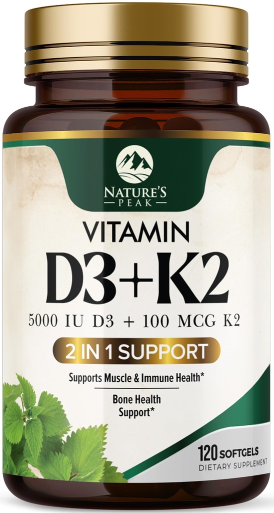 D3 K2 维生素 - 维生素 D3 5000 IU Per Softgel - 高发性维生素 D3 补充剂 - 2-in-1 复合维生素 D & Vitamin K2(MK7) - 容易吞,骨和免疫支持 - 瓶装美国 - 120 软胶