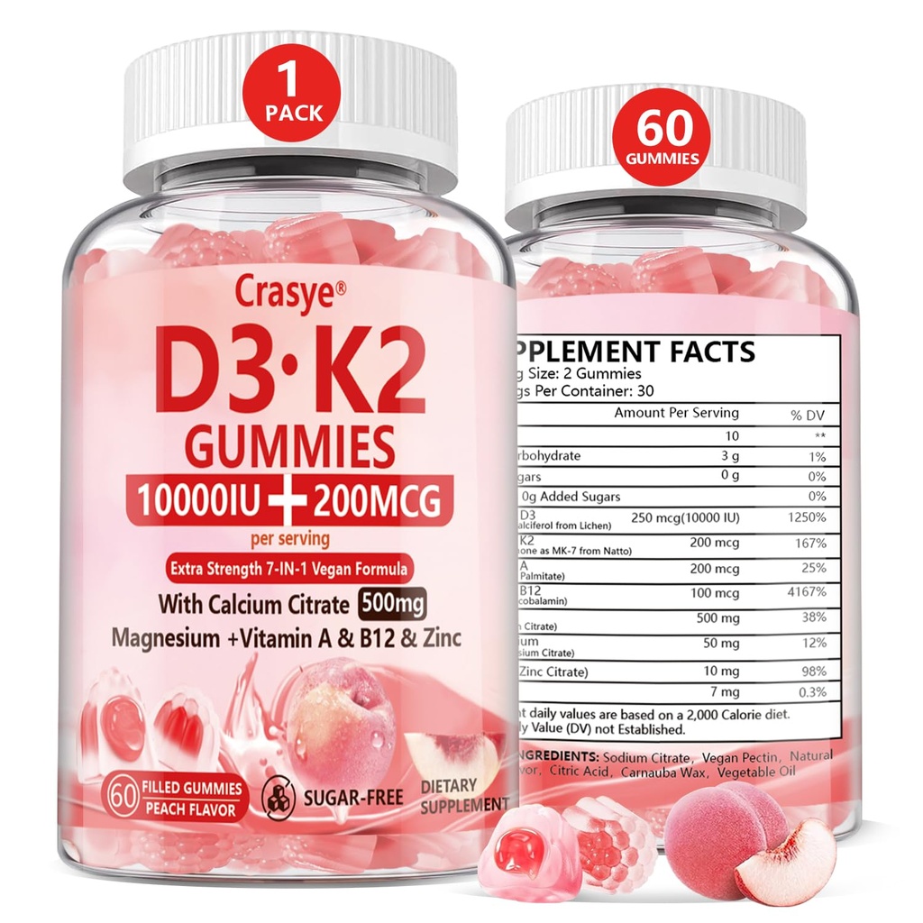 维生素D3 K2 Gummys 10000 IU,配有500mg 钙 镁 锌 Gumcium 无糖 ADK+Vitamin B12 男女骨骼,肌肉,牙齿桃梗-60 Gummys-30 服务