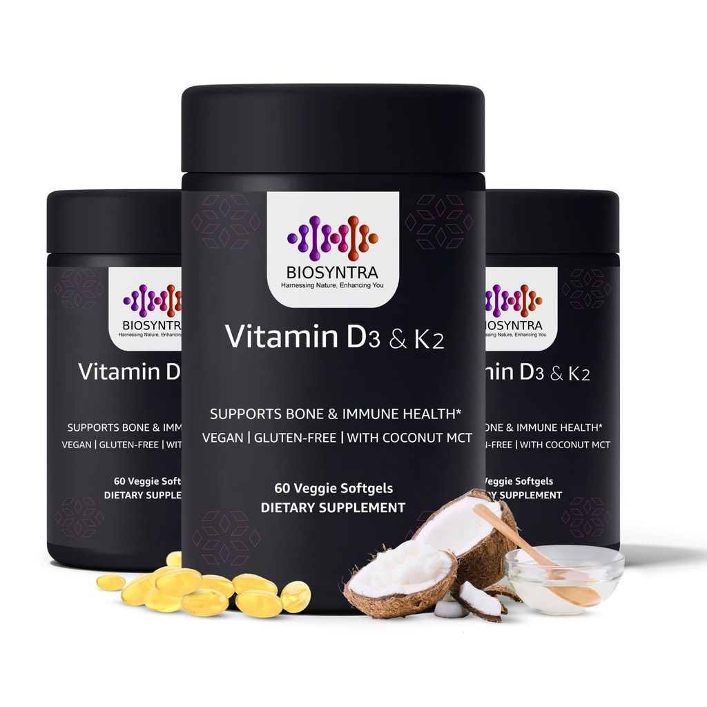 配有椰油的维生素D3+K2 - Vegan Vitamin D 5000 IU & MK7 维生素K 110mcg 配有骨,心和免疫支持,非GMO,第三方测试,大豆免费,高吸收60 Veggie软胶