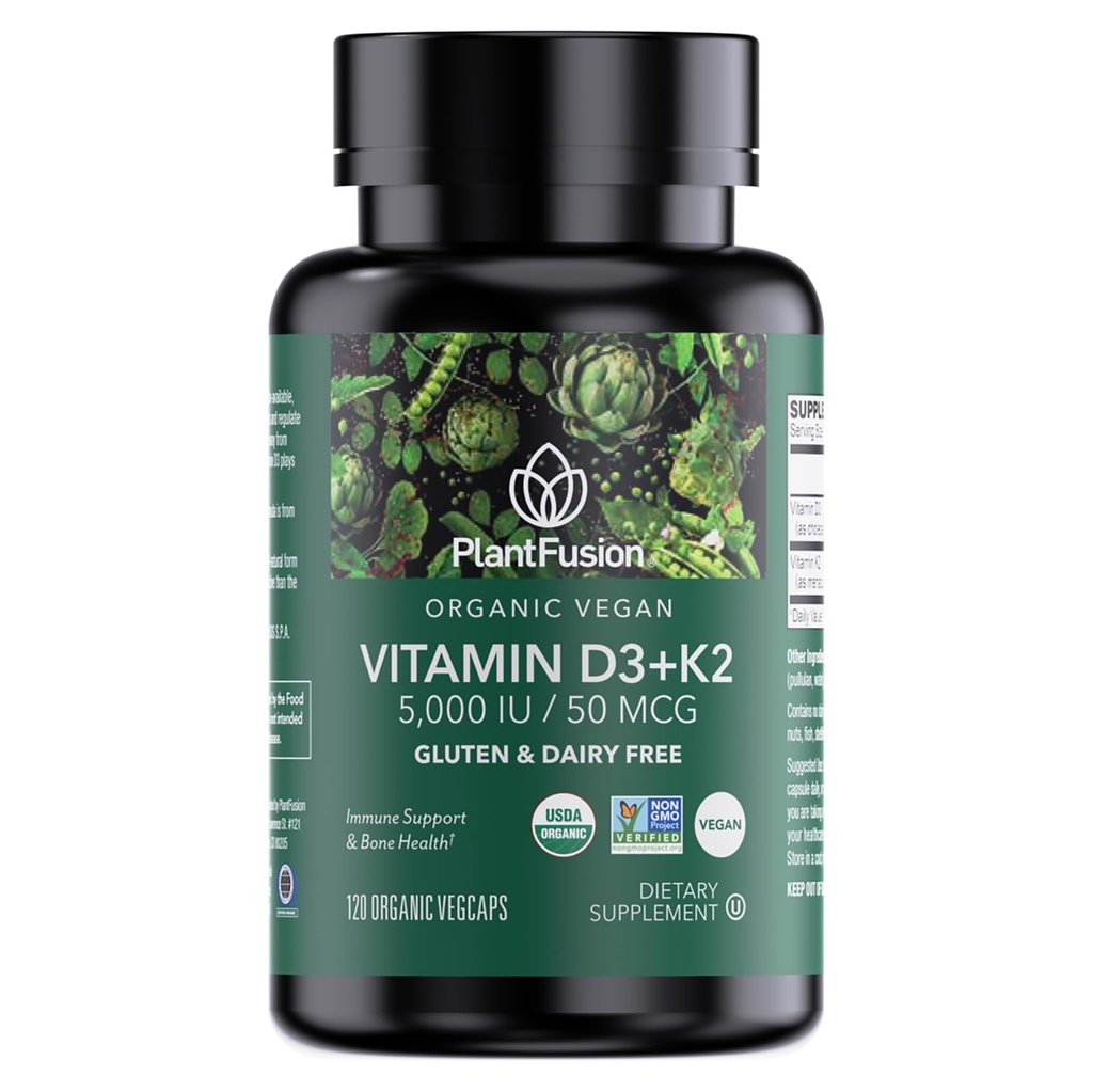 植物融合 有机维生素D3 + K25,000 IU, 50MCG – 维生素D来源于基于植物的Lichen和维生素K2,用于免疫支持和骨质健康 - 120 Capsules