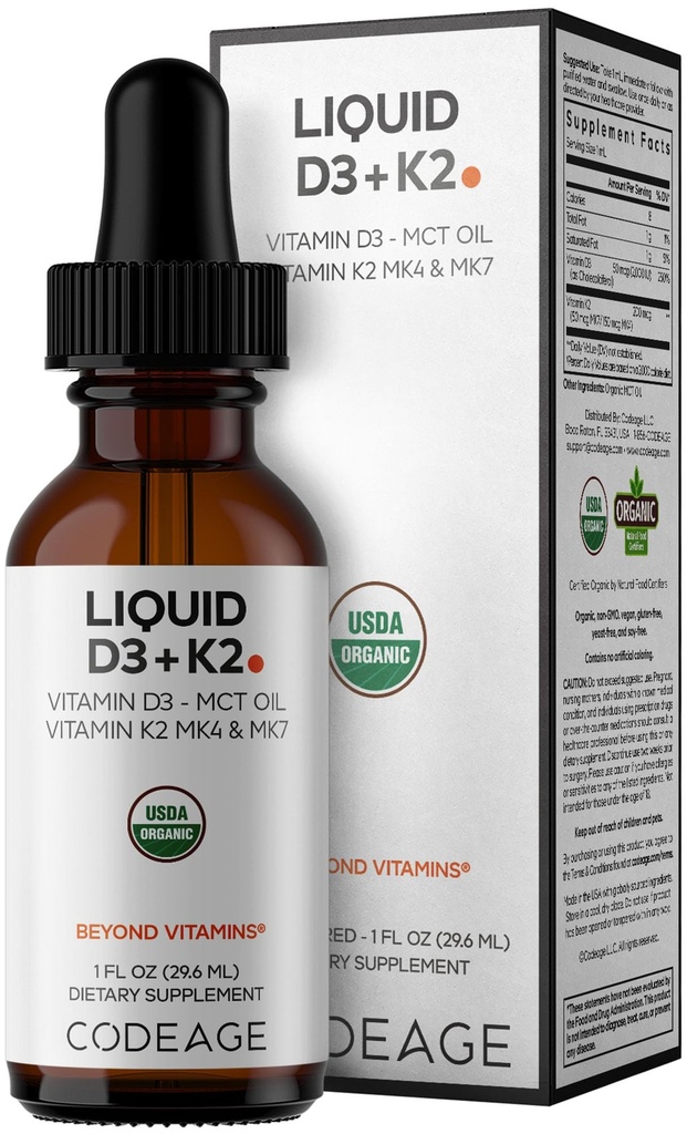 编码液 D3+K2 维生素 USDA 有机 - 维生素 D3 2000 IU,维生素 K2(MK4 & MK7) 液滴 - 免疫支持 - 不受欢迎 - 有机MCT 石油 -- -- 非GMO -- -- 1伏兹