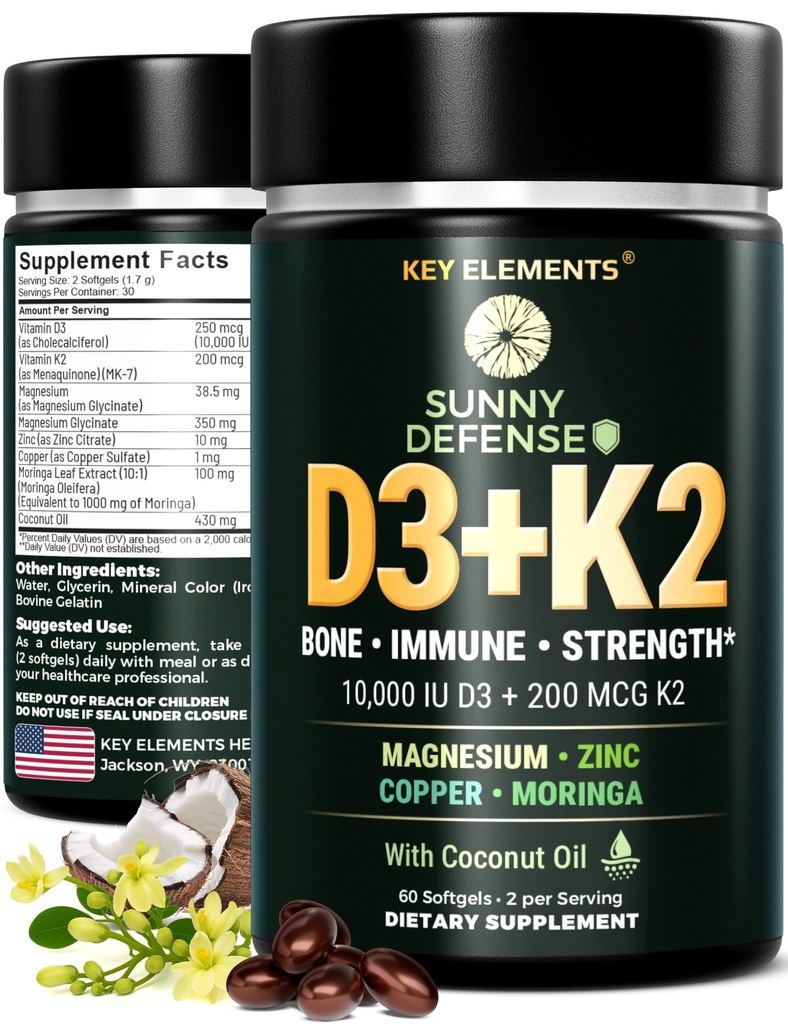 关键元素 D3 K2 维生素 10,000 IU 配有甘化镁 350mg, 锌和莫林加 - Bone & Immune 支持 - 维生素 D 配有 K2 MK-7 200mcg - 非 GMO, Gluten-Free Softgels