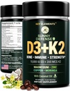 关键元素 D3 K2 维生素 10,000 IU 配有甘化镁 350mg, 锌和莫林加 - Bone & Immune 支持 - 维生素 D 配有 K2 MK-7 200mcg - 非 GMO, Gluten-Free Softgels