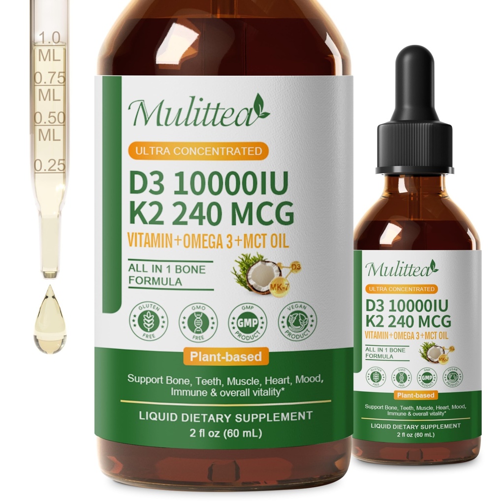 2 Pack 有机维生素 D3 K2 液体 10000 IU w/ Vegan Omega-3 & Coconut MCT 石油 - 最大强度维生素 D 补充剂,无填充剂,非GMO K2 作为骨骼,肌肉和高吸收-2 Fl Oz的MK7