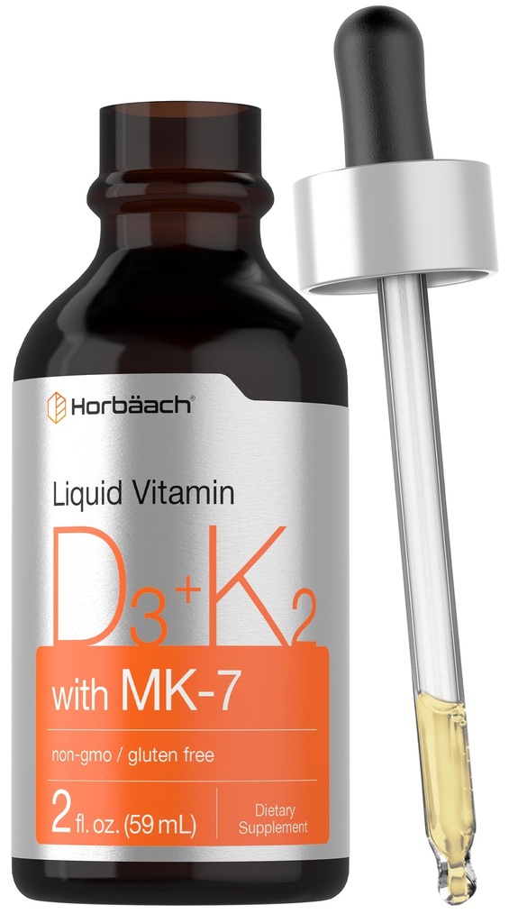 Horbäach 维生素 D3 K2 液体滴入量 与 MK7 → 2 Fl Oz → Vegetarian, Non-GMO, Gluten 免费补充