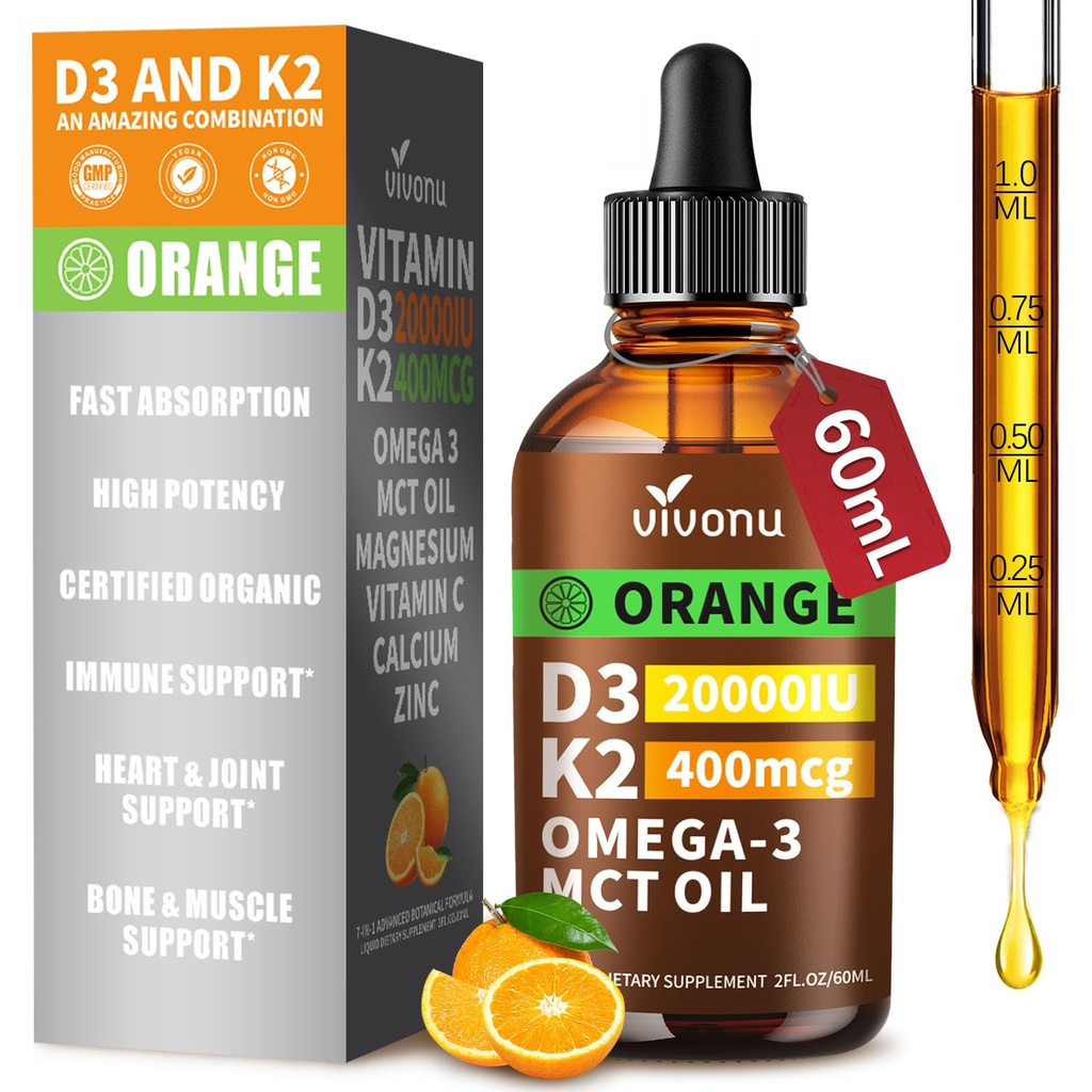 维生素D3 K2 滴灌,D3 20000 IU & K2 以MK-7 400mcg 配以镁,钙,锌和Omega 3 配以Imune*,Mood*,Bone* 健康,橙色Flavor 维生素D 液滴 补充 1瓶/2 Ounces