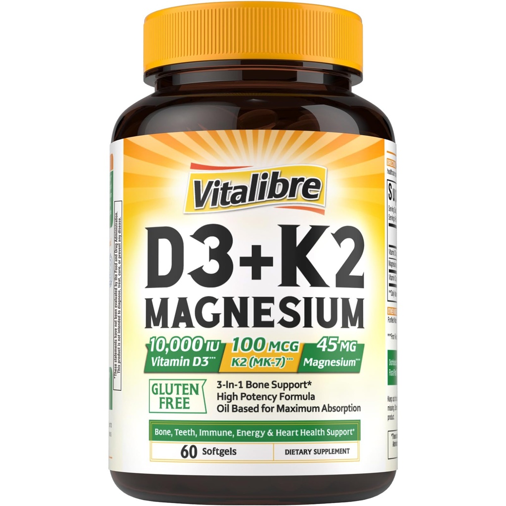 维他命维生素D3 K2 + 镁补充剂,10000 IU 维生素D3 和 100 mcg K2,配有镁甘油,骨,齿,Immune & Energy Support,高吸收,非GMO,易吞,60软胶