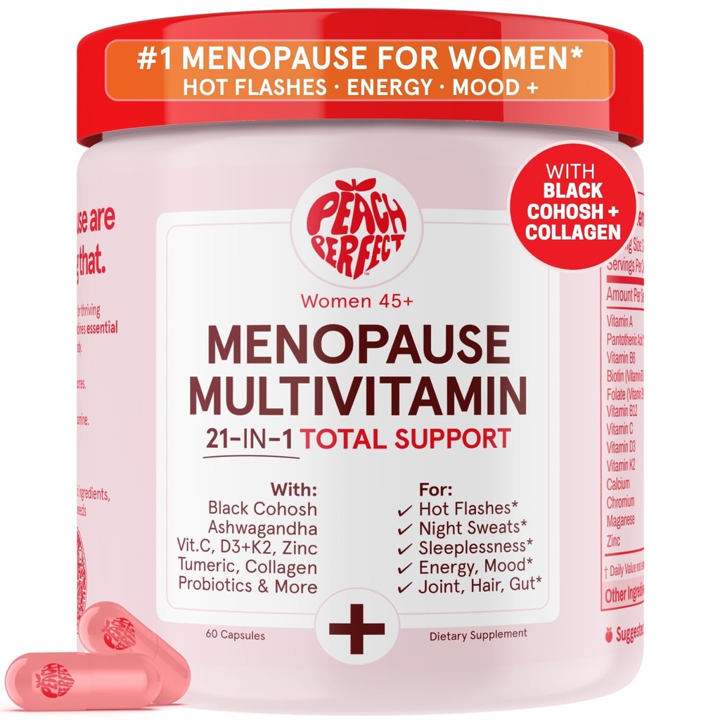 Peach Perfect Perfect Menopause Multivitamin 21 女性维生素 45+ | Black Cohosh, Ashwagandha, Vitamin D3+K2, Probiotics & Collagen + 支持热闪光, Mood Swings, 联合和皮肤健康 + 30 SVG