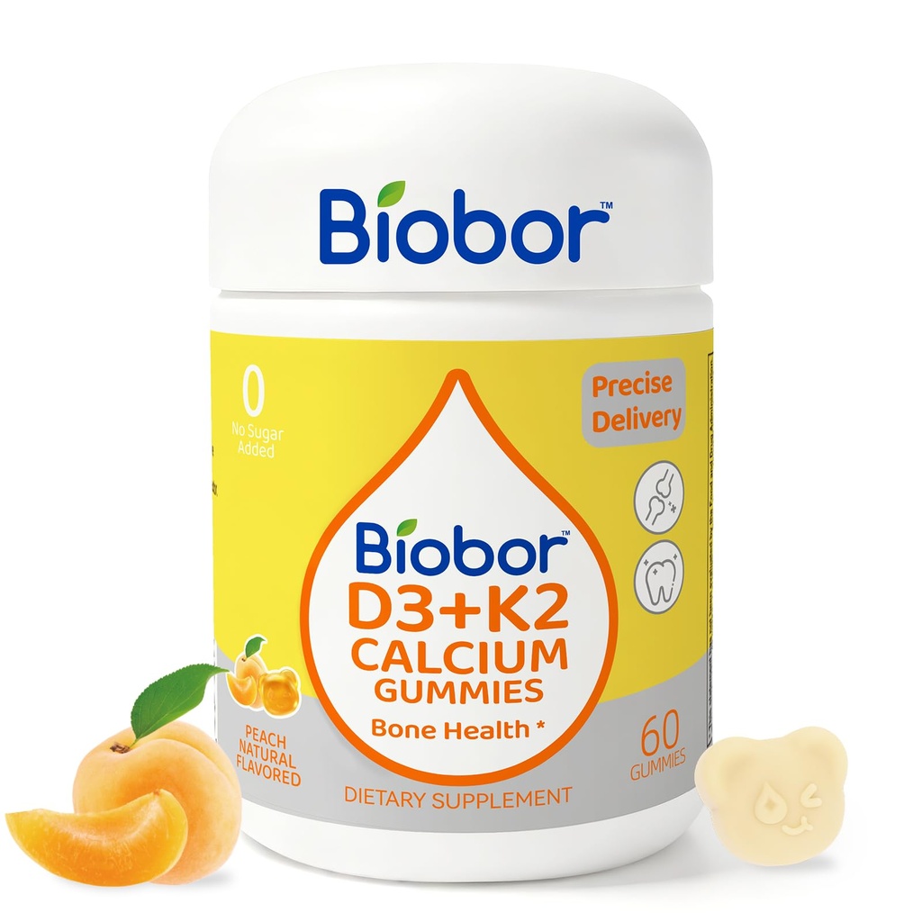 Biobor Vitamin D3 K2 Gummys with Calcium, 2000 IU D3 & 200 mcg K2(MK-7) & 200 mg Calcium, 无糖添加, 支持健康骨头和免疫健康, Gluten Free, GMO Free, Yellow Peach, 60 Count