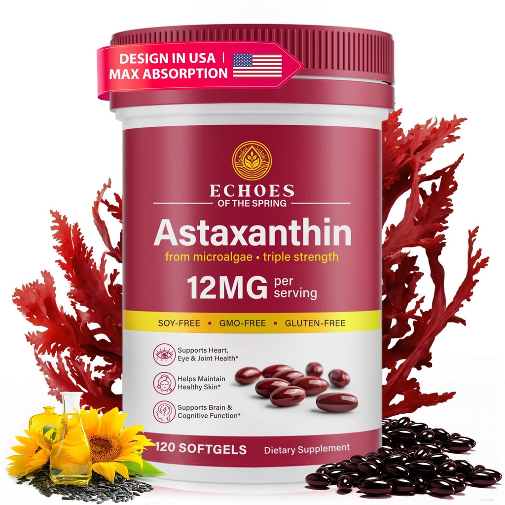 Astaxanthin 12mg – 来自Haematococus Pluvialis的天然Astaxanthin,三强抗氧化剂对眼,皮肤,联合和免疫支持的补充(120个计数(一包))
