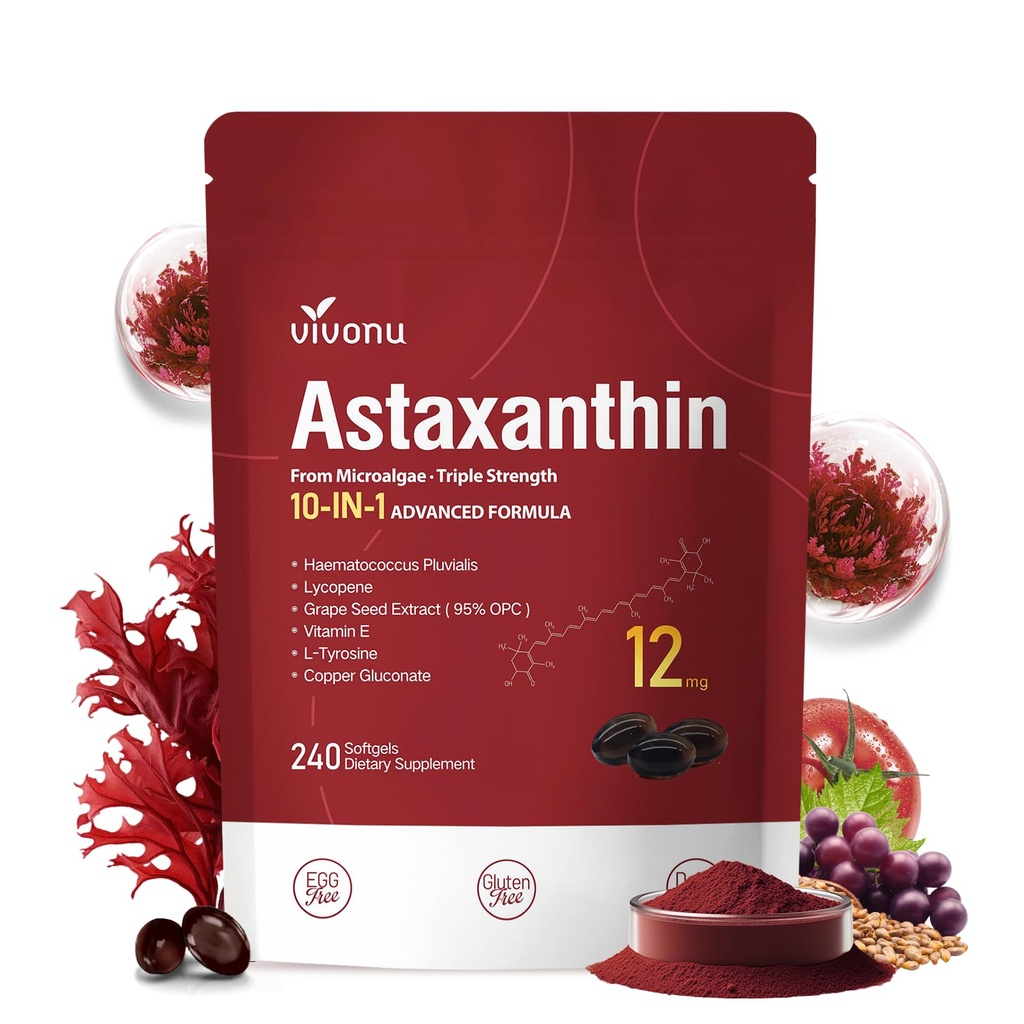 10 in 1 Astaxanthin 12mg 补充剂, 4个月供应, Astaxantina 抗氧化剂,来自新鲜的Haematococcus Pluvialis, 包含 Lycopene, 葡萄籽, 维生素E, 和更多支持眼, 关节, 皮肤健康