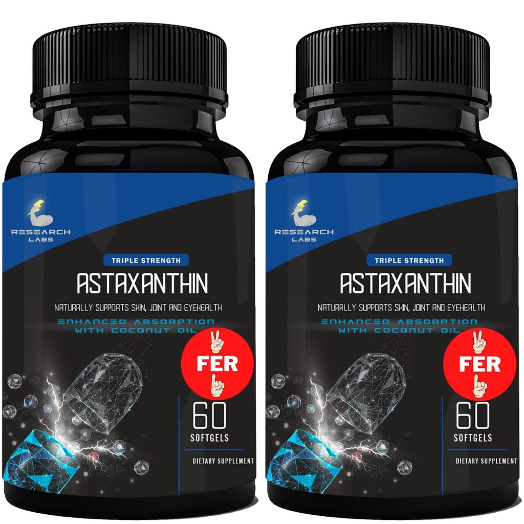 研究实验室 三重强度 天然Astaxanthin 12mg 软胶 + 外瓶有机椰油 增强吸收力 抗氧化剂 支持眼联合和心脏健康 120 总软胶