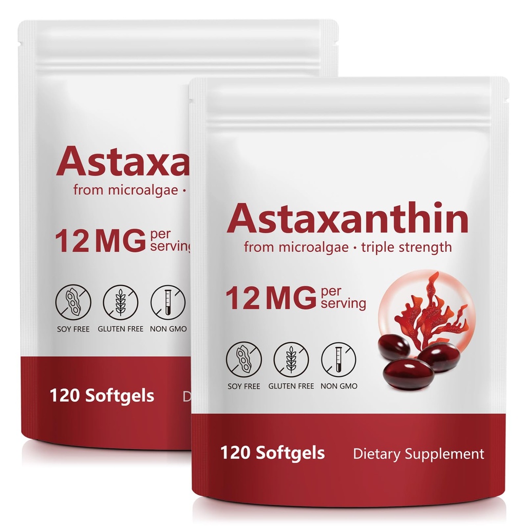 ITSDAWN Astaxanthin 12mg 2 Pack, 抗氧化剂补充眼,皮肤支持,天然微藻源,240软胶
