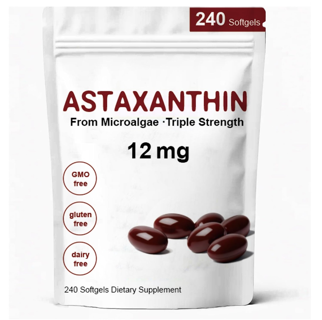 Astaxanthin 12mg, Astaxanthin 抗氧化剂添加剂,有抗氧化剂活性,支持眼,免疫,皮肤健康,内部环流-240软胶