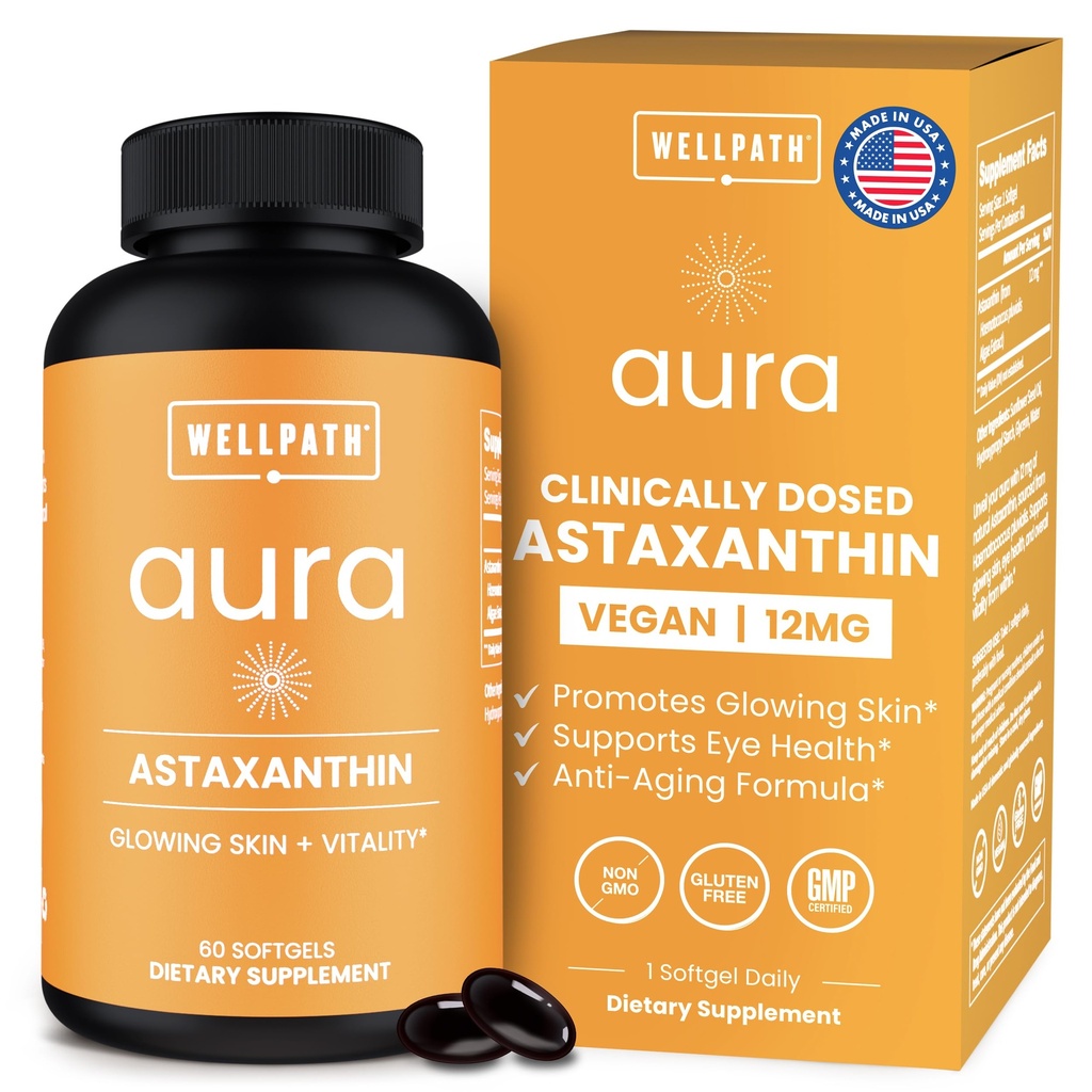 WellPath Astaxanthin 12 mg Softgets | Vegan Astaxanthin 来自微藻的抗氧化剂,用于皮肤水分、弹性和眼部健康,美国制造,2个月供应