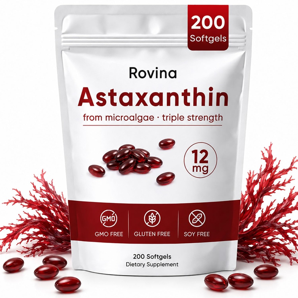 ROVINA Astaxanthin 12mg 软胶、抗氧化剂补充剂 支持眼、皮肤、免疫、联合、内部流通、非GMO和Gluten Free - 200 软胶