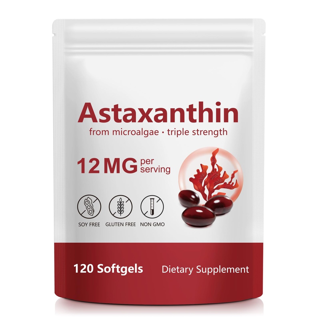 Astaxanthin 来自微藻的12毫克补充剂,120软胶,抗氧化剂支持,每日健康公式,4个月供应