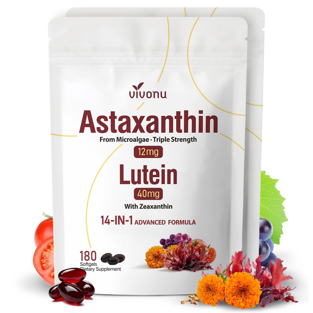 14-in-1 Astaxanthin 12mg & Lutein 40mg 配有 Zeaxanthin 补充品,12个月供应,新鲜微藻源,支持眼,皮肤,抗氧化剂,联合,循环卫生,非GMO,Gluten Free,2 Bag