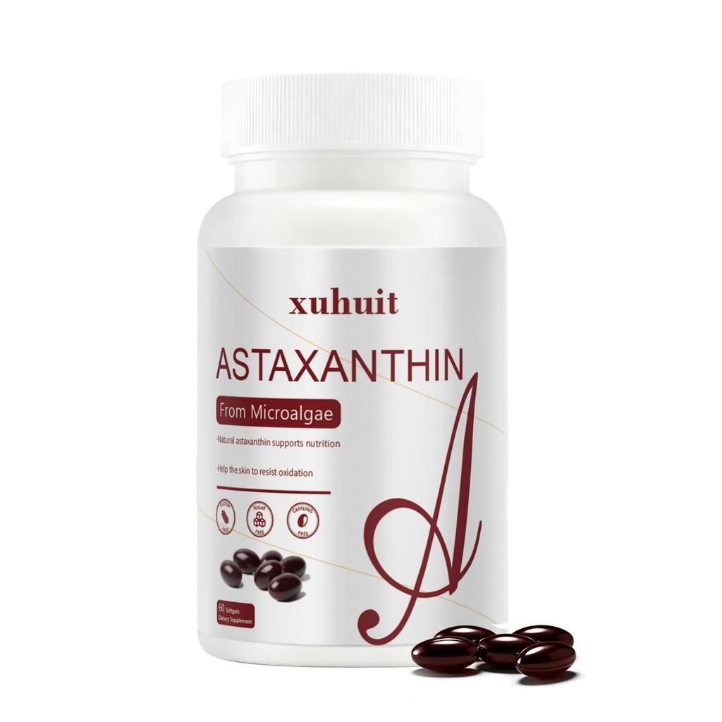 Astaxanthin 12mg 60 Softgels,来自微藻的天然抗氧化剂补充剂,Non-GMO,Soy Free,支持皮肤健康,容易吞咽软胶,2个月供应(1)