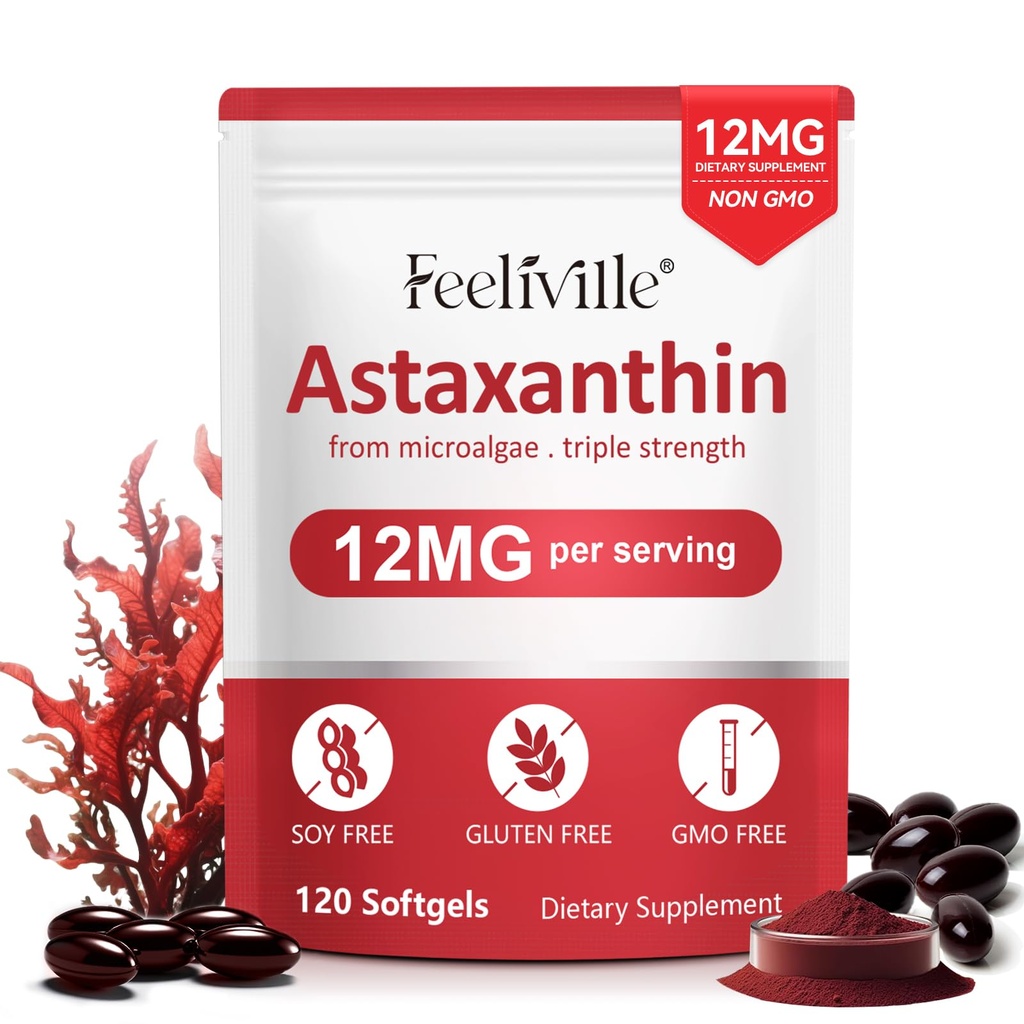 Astaxanthin 补充剂,Premium Astaxanthin 12mg 抗氧化剂,有抗氧化剂活性,支持眼,联合,免疫,皮肤健康,内环,1Pack(120 Softgels),Non-GMO & No Gluten