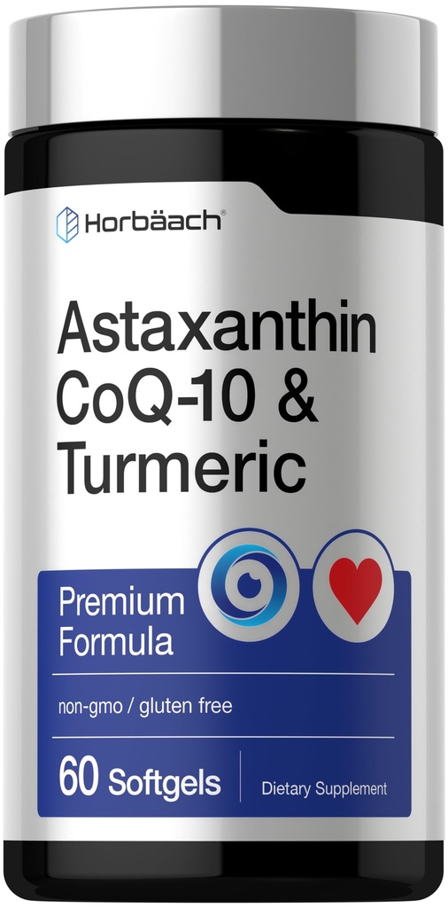 Horbäach Astaxanthin 12 mg 使用 CoQ- 10 & Turmeric 60 Softgels → Premium Formula → Non-GMO, Gluten 免费补充