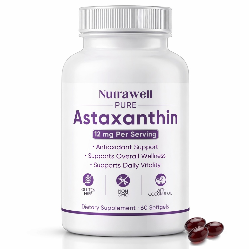 NutraWell Astaxanthin 12mg,配有椰油、抗氧化剂辅助剂、Non-GMO、Gluten Free、60软胶
