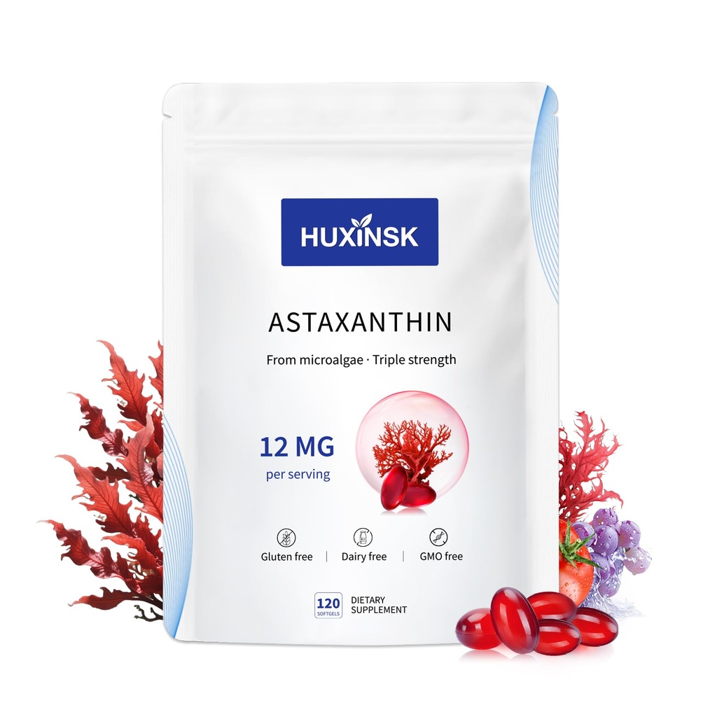 Astaxanthin 12mg 补充物 120 Softgel 最大强度 Astaxanthin 抗氧化剂补充物 形成新鲜微藻,4个月供应,支持眼,皮肤,联合,大脑,心脏和免疫系统健康,1袋