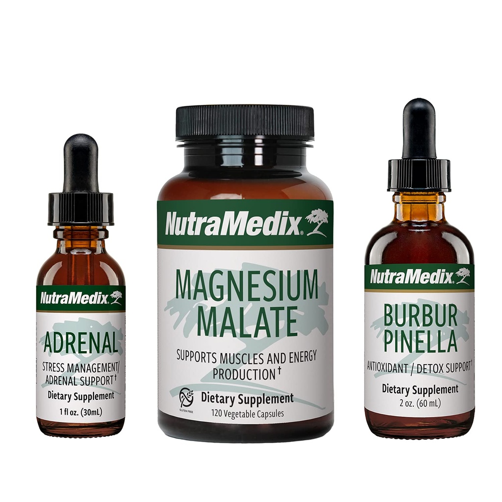 NutraMedix Energy Set - 3-Piece Kit 包括Astragalus, Rhodiola, Ginseng & Schisandra, Burbur-Pinella Detox Drops & Malate磁胶囊用于一般健康