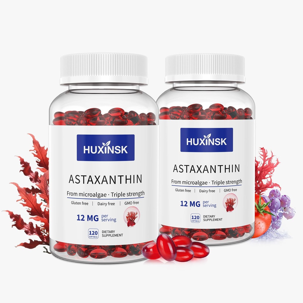 Astaxanthin 12mg 补充剂,120 Softgel, Max Force Astaxanthin 抗氧化剂补充剂,新鲜微藻,4个月供应,2瓶