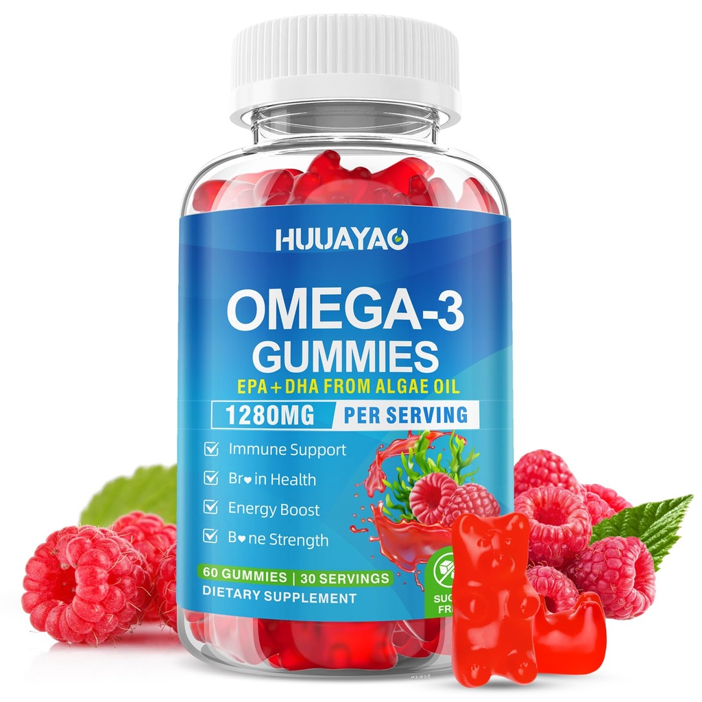 Vegen Omega-3 Gummys 1028mg, Omega 3 成人鱼油替代品 w/EPA 400mg & DHA 600mg & Vitamin A, C, E 支持脑,眼和免疫健康,无糖,Raspberry Flavor, 60 Counter