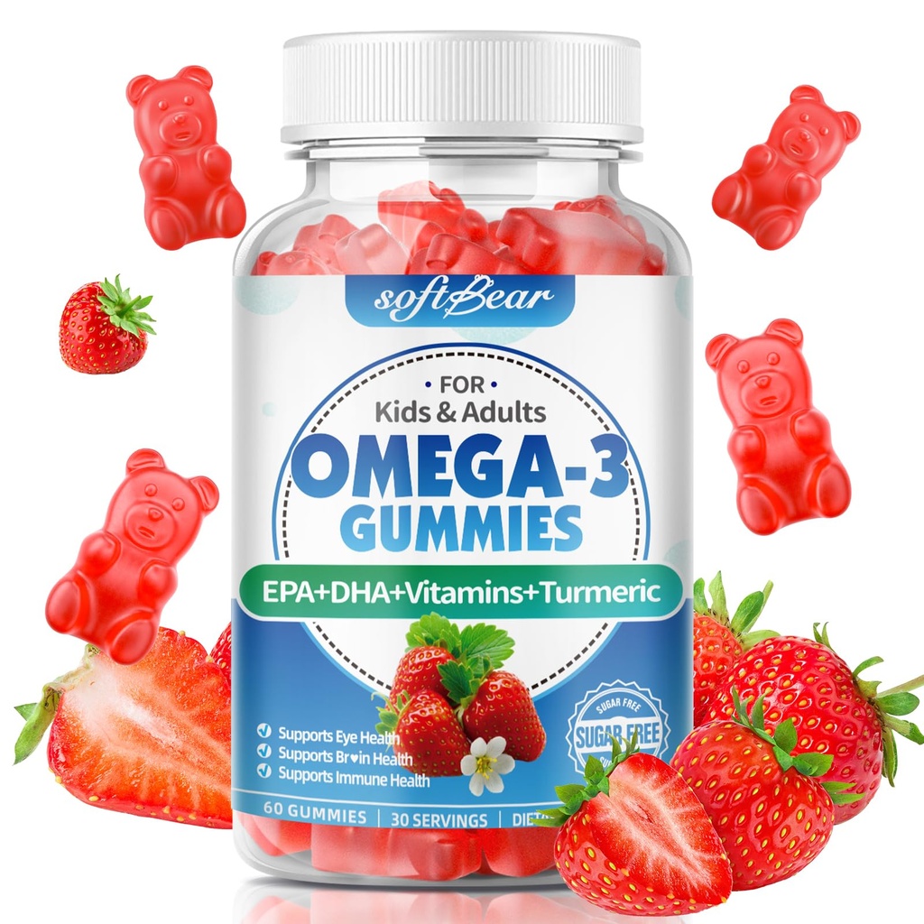 软熊Omega 3 Gummys for Women & Men & Kids Omega 3 补充 1200mg Vegan Omega 3 Fatty Acids DHA EPA 配有维生素支持眼和脑健康,无糖,草莓Flavor 60 Count