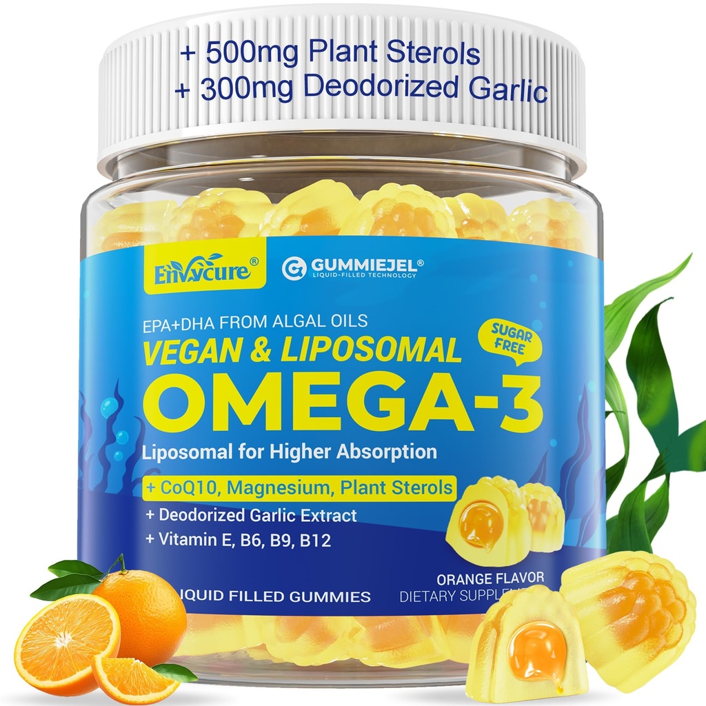Vegan Omega-3 Gummys 1000mg + CoQ10+Magnesium - EPA 600mg & DHA 400mg 鱼油Omega 3 女性成年人- Liposomal 形态-藻类植物 Sterols, Garlic, B6, B9, B12, 无糖