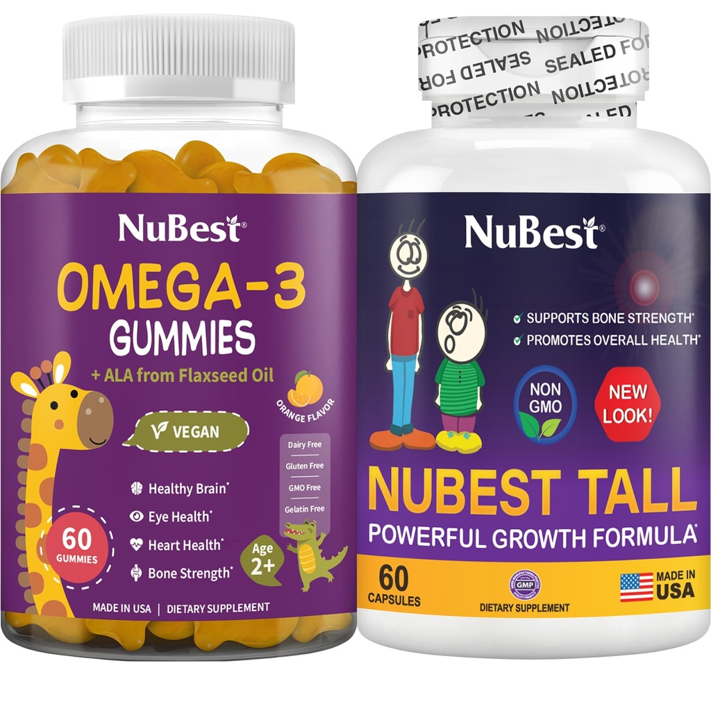 NuBest Bundle Bone Growth - 大脑生长:Omega 3 Gummys Tall New Look for Kids and Teens with calcium, Collagen, Herbs, Omega 3 Flaxseed Oil(英语:Omega 3 Flaxseed Oil) (英语).