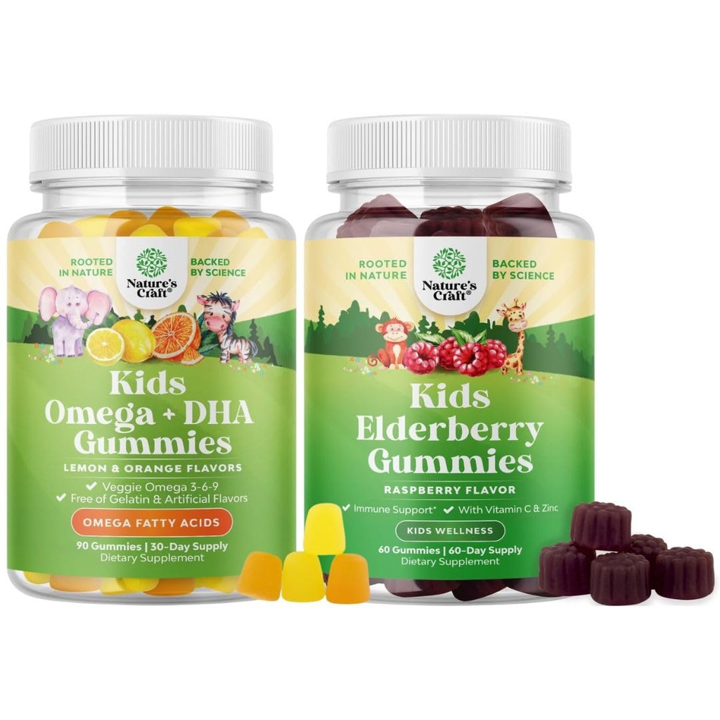 儿童袋 DHA Omega 3 Gummys - " 与蔬菜一起放鱼 " 6 9 " 视觉大脑和豁免 " 和 " 儿童 "  Sambucus 老年莓 Gummys - " 与锌和维生素C一起支持免疫 "