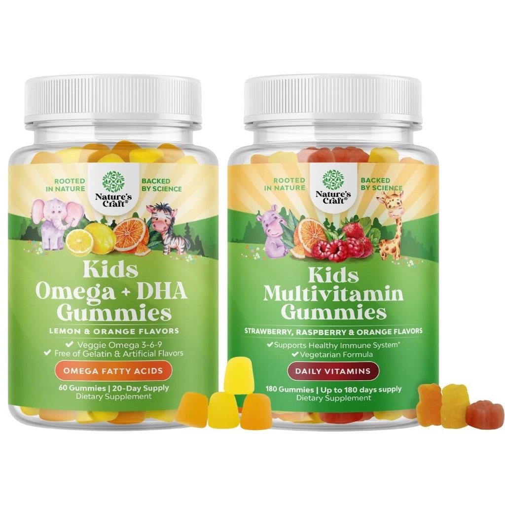 DHA Omega 3 Gummys - Faty Acids Omega 3 6 9 大脑、免疫强力和视觉及植物基儿童多维塔明 Gummys与维生素A C D3 E B和豁免支持锌