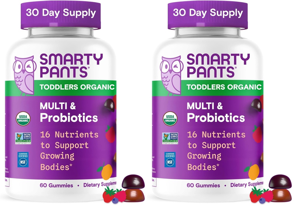 SmartyPants 有机托德勒 多维特敏胶: 抗生素,Omega 3(ALA),维生素D3,C,维生素B12,B6,A,K&Zinc,Beta Carotene,Gluten Free,Three Flavors,(30日供应),60 计数(包2)
