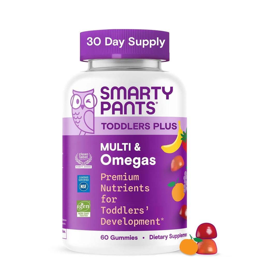 SmartyPants Toddamin Gummys, Omega 3 (DHA/EPA), 维生素D3, C, 维生素B12, B6, A, K & Zinc, Biotin, Gluten Free, Three Fruitfors, 60 Count (30天供应量)