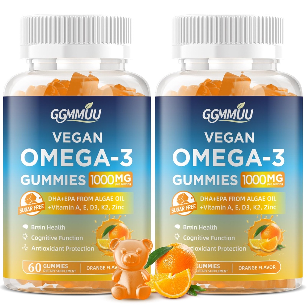 2 Pack Vegan Omega 3 Gummys 1000MG 藻类油 Omega 3 配有藻类DHA 600mg 和 EPA 300mg 鱼油替代品的成人补充剂 - 用于眼与免疫健康,橙色Flavor, 120 Counter