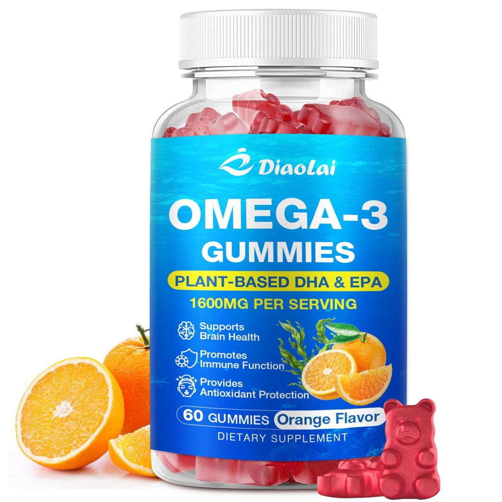 Vegan Omega-3 Gummys for Adults – 无糖,藻类的DHA 600mg & EPA 300mg, 维生素A, C, E, Zinc – Omega 3鱼油替代品, 60 Counter