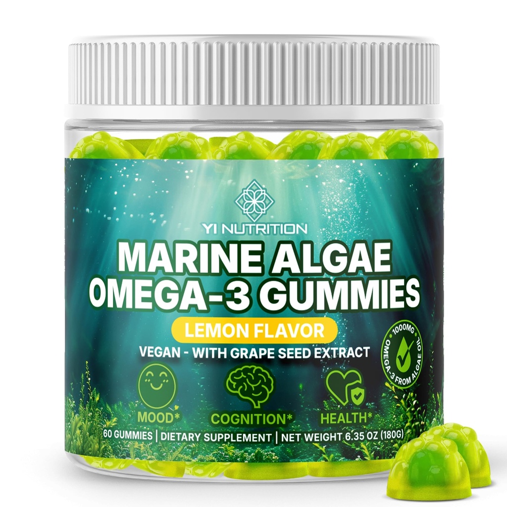 海洋藻类 Omega 3 Gummys 含3400mg+ → DHA/EPA/ALA, 20:1 葡萄种子提取,维生素 C & Folate → 心脏,脑和皮肤 → 植物基,无糖,60Ct