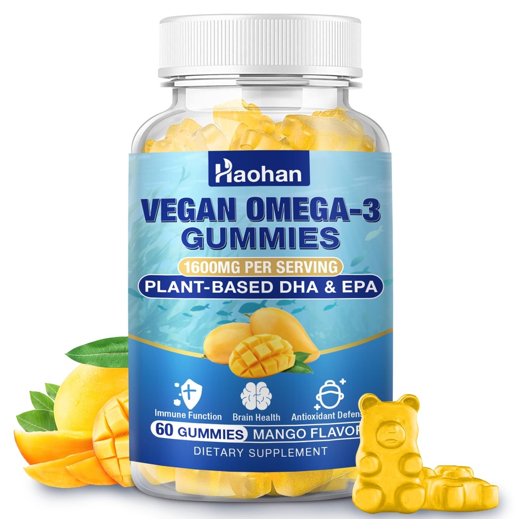 Omega-3 Gummys for Adults, Orange Flavor – 无糖,藻类的DHA 600mg & EPA 300mg,配有维生素A, C, E, Zinc, 60 Gummys.