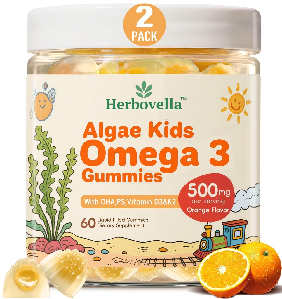 儿童 Omega 3 Gummys 2 Pack, Vegan Algae DHA 420 mg with PS, 维生素 D3 K2, 无糖, 无鱼油, 大脑和重点支持儿童, 120 Gummys