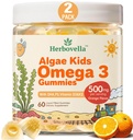 儿童 Omega 3 Gummys 2 Pack, Vegan Algae DHA 420 mg with PS, 维生素 D3 K2, 无糖, 无鱼油, 大脑和重点支持儿童, 120 Gummys