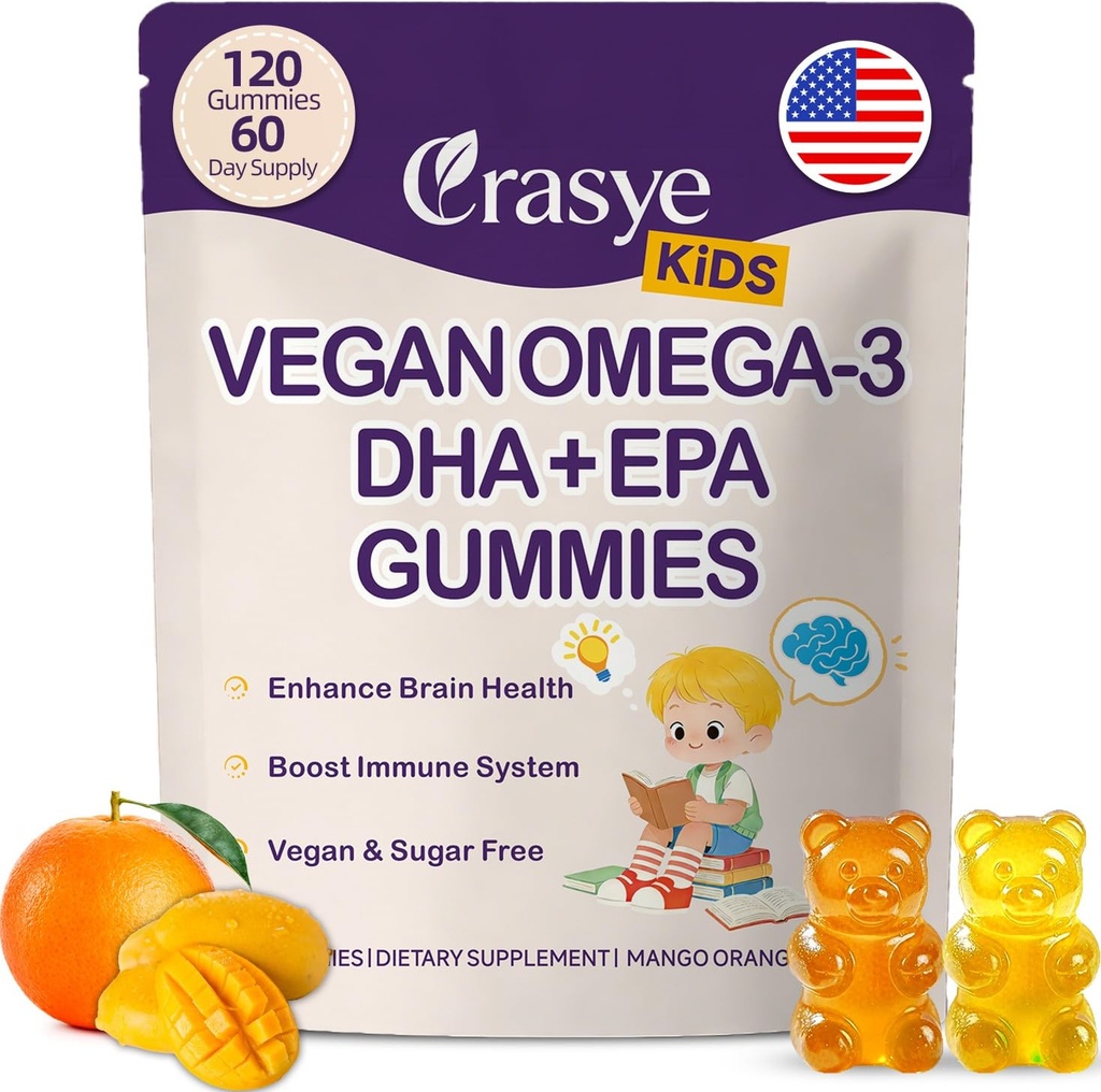 Omega 3 儿童与青少年的Gummys - 无糖Omega DHA & EPA 儿童大脑与豁免的Gummy补充 - 无鱼桶,Vegan - 120 Gummys