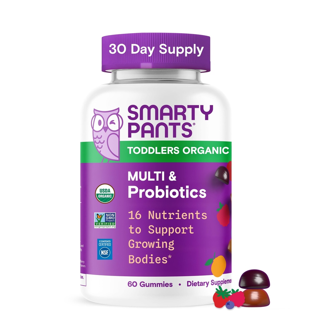 SmartyPants 有机托德勒 多维特敏胶:亲生素,Omega 3 (ALA),维生素D3,C,维生素B12,B6,A,K & Zinc,Beta Carotene,Gluten Free,Three Flavors,60 Counter(30天供应)