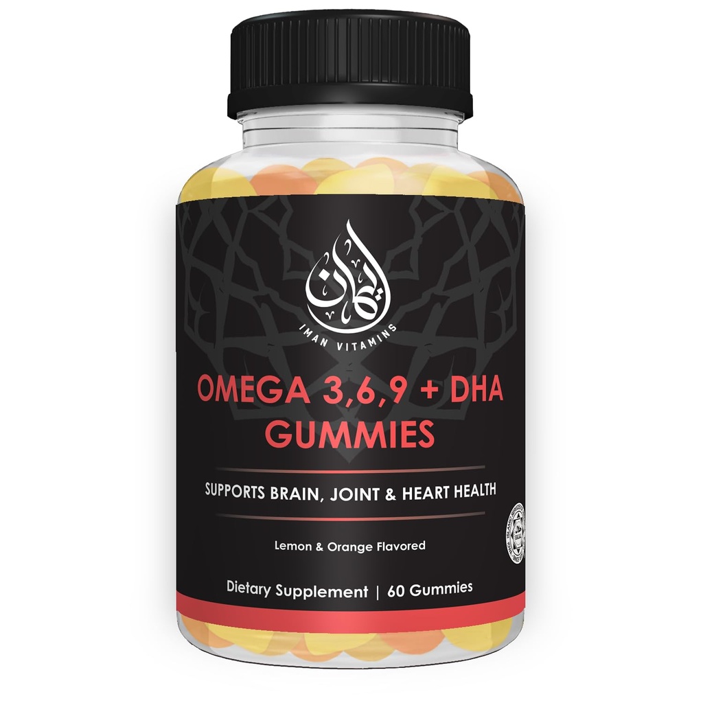 Halal Omega 3 6 9 + DHA Gummys for addors + 支持眼睛,脑,免疫和心脏健康 + 蔬菜和Gluten Free + 维生素 C, 基本脂肪酸和植物类 + 60 计数