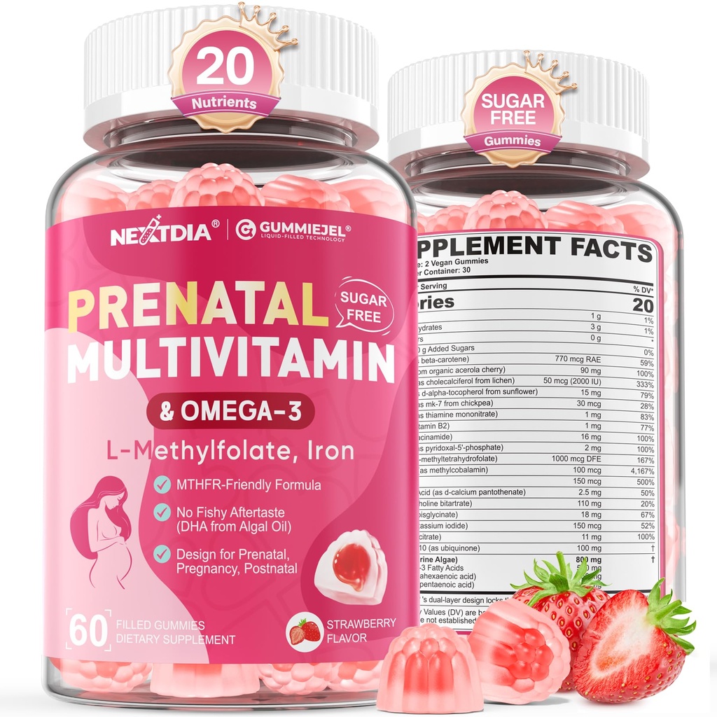 妇女产前维生素、甲基folate 1mg、Vegan Omega 3 DHA 800mg、铁、乔林、碘、维生素D3 B6 B12 -- -- 怀孕前、怀孕期间和怀孕后妇女多维生素、无糖、60个计数